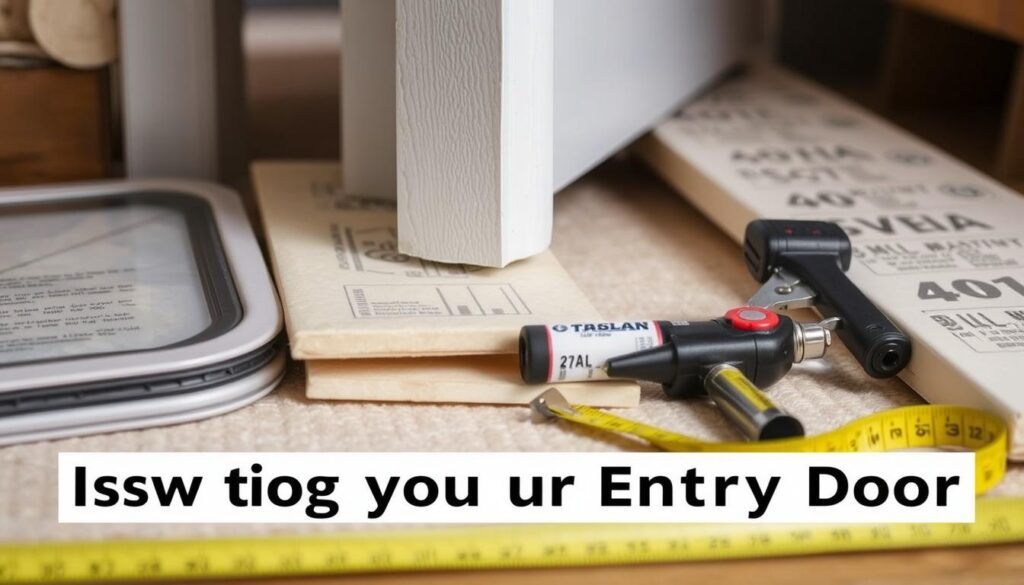 Detailed instruction manual for insulating a home's entry door. A close-up view of a door frame with various insulation materials and tools laid out, including weather stripping, caulking gun, insulation panels, and a measuring tape. The scene is well-lit, showcasing the materials' textures and colors. The background is blurred, keeping the focus on the instructional elements. The overall mood is informative and practical, guiding the viewer through the step-by-step process of properly sealing and insulating a door to improve energy efficiency and reduce heat loss.