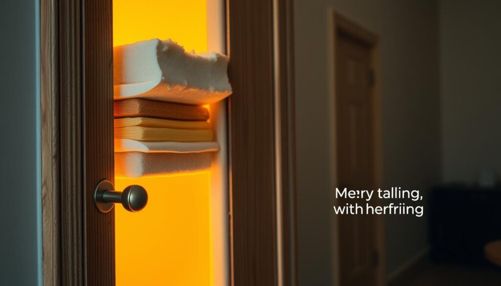 Detailed interior view of a wooden door, its cross-section revealing multiple layers of insulation materials. Soft, warm lighting illuminates the scene, highlighting the textures and techniques used to improve the door's thermal efficiency. In the foreground, various insulation options are displayed, such as foam, fiberglass, and weatherstripping. The middle ground showcases the door's construction, with emphasis on the strategic placement of the insulating elements. The background subtly suggests the room's interior, creating a sense of context and application. The overall mood is informative and technical, inviting the viewer to understand the methods of improving internal door insulation.