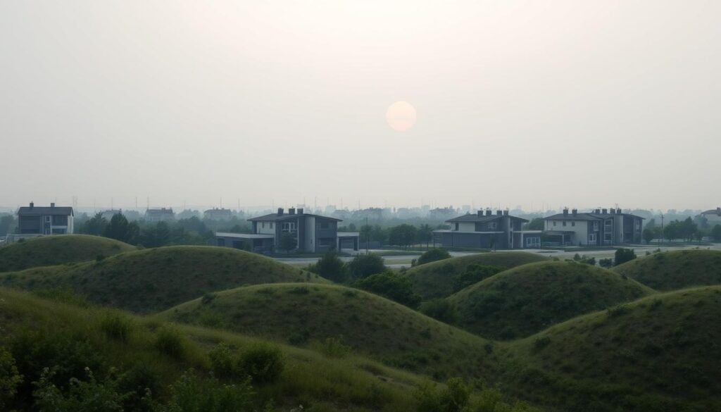 Detailed landscape of a residential area, showcasing a row of empty, undeveloped building plots. The foreground features rolling hills dotted with lush greenery, leading the eye towards a cluster of modern, angular houses in the middle ground. The background is dominated by a hazy, overcast sky with a subtle hint of sunlight peeking through. The scene conveys a sense of anticipation and potential, as if the viewer is witnessing the calm before the storm of impending development and rising property values. The lighting is soft and diffused, creating a contemplative, almost melancholic atmosphere. Captured with a wide-angle lens to emphasize the expansive nature of the landscape.