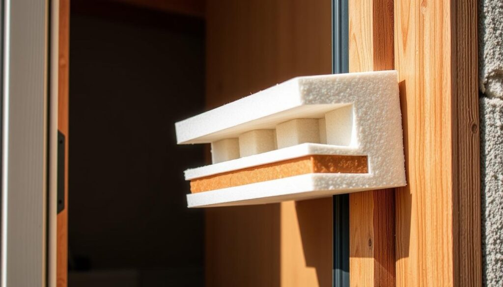 Detailed thermal insulation of a modern entry door, capturing the essential materials and construction. The door frame is clearly visible, with high-density foam insulation panels tightly fitted between the frame and outer casing. The insulation is shown in cross-section, revealing its multi-layered structure designed to maximize heat retention. Natural lighting accentuates the textured surfaces and precise installation, conveying a sense of thermal efficiency and energy-saving performance. The image showcases the key components required to properly insulate a door, providing a visually informative reference for the "Izolacja termiczna drzwi - niezbędne materiały" section.