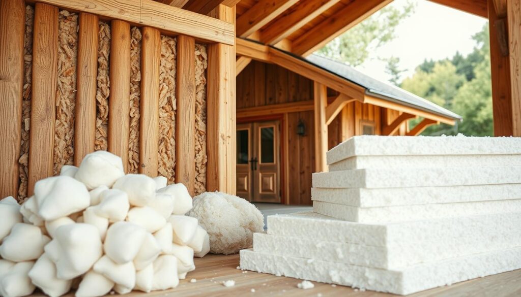 High-quality detailed image of thermal insulation materials used in the insulation of a wooden house, with a natural and rustic appearance. The foreground shows various insulation materials such as wool, cellulose, and rigid foam boards, displayed in an organized manner. The middle ground depicts the interior of a wooden wall cavity, revealing the insulation installation process. The background showcases the exterior of a traditional wooden house, with a warm, cozy atmosphere. Soft, diffused lighting highlights the textures and colors of the insulation materials and the wooden structure. The composition is balanced and visually appealing, effectively conveying the subject of insulating a wooden house to preserve its natural appearance.