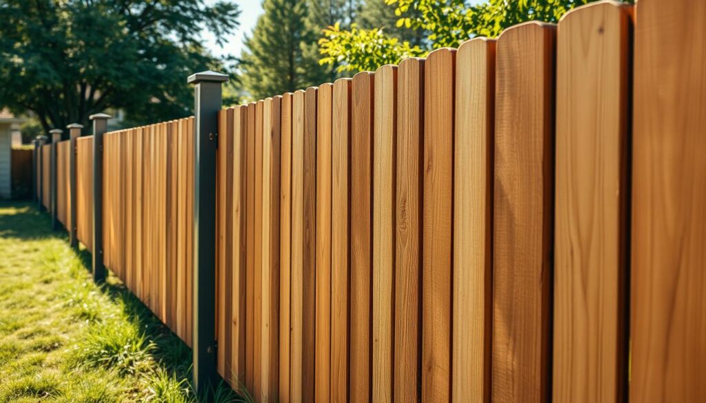 Meticulously detailed image of a residential property's boundary fence, showcasing its key aspects. Crisp, realistic visualization in warm, natural lighting, captured from an eye-level perspective. The fence stands tall, constructed from robust wooden panels interspersed with sturdy metal posts, seamlessly blending into the lush, verdant landscape. Intricate textures of weathered wood and sleek metal hardware are prominently featured. Subtle shadows cast by the fence elements add depth and dimensionality to the scene. The overall composition emphasizes the fence's practical functionality while highlighting its aesthetic appeal as an integral part of the property's design. Meticulously detailed image of a residential property's boundary fence, showcasing its key aspects. Crisp, realistic visualization in warm, natural lighting, captured from an eye-level perspective. The fence stands tall, constructed from robust wooden panels interspersed with sturdy metal posts, seamlessly blending into the lush, verdant landscape. Intricate textures of weathered wood and sleek metal hardware are prominently featured. Subtle shadows cast by the fence elements add depth and dimensionality to the scene. The overall composition emphasizes the fence's practical functionality while highlighting its aesthetic appeal as an integral part of the property's design.