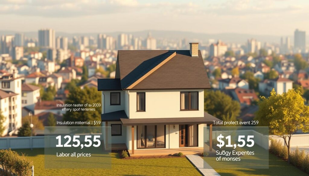 Photorealistic architectural illustration of the average costs of home insulation in 2025. A modern, well-insulated two-story house sits in the foreground, with a clear breakdown of insulation material prices, labor costs, and total project expenses displayed in a sleek infographic overlay. The background features a cityscape with a mix of residential and commercial buildings, conveying a sense of urban development and energy efficiency trends. The lighting is soft and natural, creating a warm, inviting atmosphere that emphasizes the importance of responsible home improvement decisions. The composition is balanced and the perspective is slightly elevated, offering a comprehensive view of the subject matter. Photorealistic architectural illustration of the average costs of home insulation in 2025. A modern, well-insulated two-story house sits in the foreground, with a clear breakdown of insulation material prices, labor costs, and total project expenses displayed in a sleek infographic overlay. The background features a cityscape with a mix of residential and commercial buildings, conveying a sense of urban development and energy efficiency trends. The lighting is soft and natural, creating a warm, inviting atmosphere that emphasizes the importance of responsible home improvement decisions. The composition is balanced and the perspective is slightly elevated, offering a comprehensive view of the subject matter.