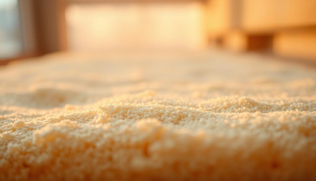 Prompt A close-up view of high-quality thermal insulation material, showcasing its intricate structure and composition. The insulation appears in the foreground, with a soft, warm lighting illuminating its textured surface. In the middle ground, there are subtle gradients of color, hinting at the insulation's thermal properties. The background is blurred, creating a sense of depth and focus on the insulation itself. The overall scene conveys a sense of warmth, efficiency, and attention to detail, suitable for illustrating the concept of "izolacja termiczna" in the context of balcony insulation.