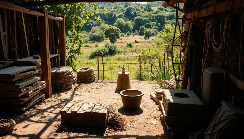 Rustic outdoor toilet materials on a rural garden plot. In the foreground, a sturdy wooden frame and natural stone or brick foundation. Stacks of unfinished lumber, coils of rope, and piles of dried leaves or straw for insulation and composting. In the middle ground, a primitive handwashing station with a simple basin and pitcher. In the background, lush greenery and a sun-dappled landscape, suggesting a peaceful, secluded setting. Warm, natural lighting casts soft shadows, evoking a serene, earthy atmosphere. The overall impression is of a self-reliant, environmentally-conscious approach to creating an off-grid lavatory solution. Rustic outdoor toilet materials on a rural garden plot. In the foreground, a sturdy wooden frame and natural stone or brick foundation. Stacks of unfinished lumber, coils of rope, and piles of dried leaves or straw for insulation and composting. In the middle ground, a primitive handwashing station with a simple basin and pitcher. In the background, lush greenery and a sun-dappled landscape, suggesting a peaceful, secluded setting. Warm, natural lighting casts soft shadows, evoking a serene, earthy atmosphere. The overall impression is of a self-reliant, environmentally-conscious approach to creating an off-grid lavatory solution.