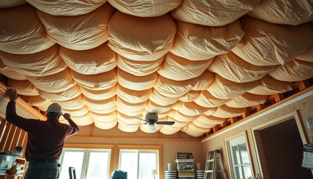 Warm, well-lit interior space showcasing the installation of insulation on a residential ceiling. The foreground depicts workers carefully securing thick rolls of insulation material between ceiling joists. The middle ground features a range of insulation products, tools, and equipment necessary for the task. The background provides a glimpse of the home's structure, with natural light filtering through windows, creating a cozy, inviting atmosphere. The composition emphasizes the importance of proper insulation for energy efficiency and comfort, with attention to technical details and the overall workflow of the insulation process.