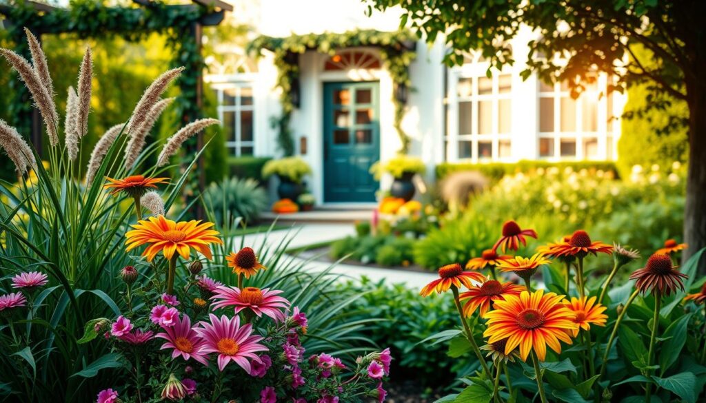 A beautiful garden scene showcasing decorative plants near the entrance of a home. In the foreground, vibrant perennial flowers like daylilies and coneflowers create an inviting atmosphere with their colorful blooms. Lush green foliage, including ornamental grasses and hostas, adds depth. In the middle ground, a well-maintained pathway leads to an elegant front door, framed by climbing vines on trellises. The background features a soft-focus view of the house, with a light-colored facade and large windows bathed in warm sunlight, creating a welcoming feel. The overall composition conveys a cheerful and tranquil ambiance, perfect for enhancing curb appeal. Capture this scene with soft natural lighting, focusing on a slightly elevated angle to encompass details from foreground to background, emphasizing harmony and beauty in the garden design.