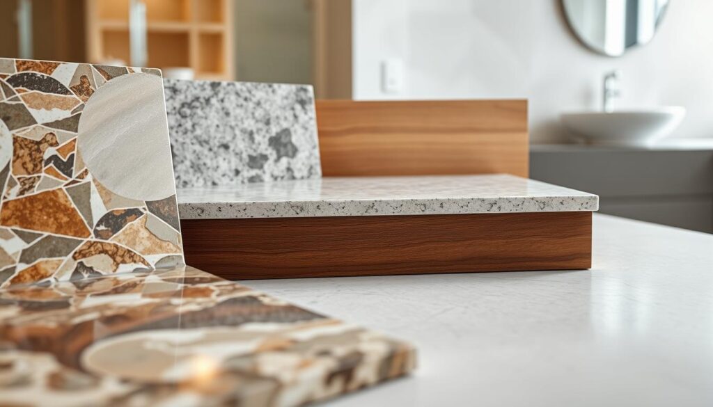 A beautifully arranged display of various bathroom countertop materials, showcasing HPL, conglomerate, wood, and stone options. In the foreground, a glossy HPL countertop with intricate patterns and colors, next to a rugged stone slab with natural textures. The middle section features a smooth conglomerate top with subtle veining, paired with a warm wooden finish, highlighting its natural grains. The background softly fades to a blurred bathroom setting with soft, diffused lighting, creating an inviting atmosphere. The angles should be slightly tilted for a dynamic view, emphasizing the materials' details. Overall, the image should convey a sense of elegance and durability, perfect for guiding readers in their choice of bathroom countertops. A beautifully arranged display of various bathroom countertop materials, showcasing HPL, conglomerate, wood, and stone options. In the foreground, a glossy HPL countertop with intricate patterns and colors, next to a rugged stone slab with natural textures. The middle section features a smooth conglomerate top with subtle veining, paired with a warm wooden finish, highlighting its natural grains. The background softly fades to a blurred bathroom setting with soft, diffused lighting, creating an inviting atmosphere. The angles should be slightly tilted for a dynamic view, emphasizing the materials' details. Overall, the image should convey a sense of elegance and durability, perfect for guiding readers in their choice of bathroom countertops.