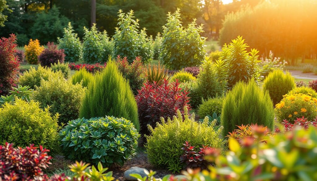 A beautifully arranged garden showcasing a diverse selection of plants suitable for specific conditions, featuring a vibrant mix of foliage colors and textures. In the foreground, a variety of healthy shrubs and small trees ranging from lush green to colorful blossoms, placed strategically to create a natural barrier. The middle ground includes taller plants with distinctive leaves and shapes, emphasizing adaptability to different light and soil conditions. In the background, a gentle gradient of soft sunlight filtering through the trees adds warmth to the scene, highlighting the richness of the garden. The atmosphere is serene and inviting, suggesting a healthy, flourishing environment. Use a shallow depth of field to focus on the plants while creating a bokeh effect in the background, accentuating the beauty of nature.