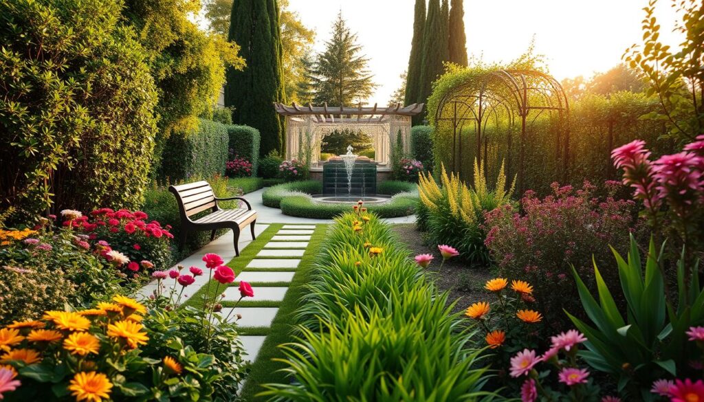 A beautifully arranged narrow garden designed to appear visually spacious, featuring strategic plant placements and optical tricks. In the foreground, vibrant plants with varying heights create depth, including colorful flowers and neatly trimmed shrubs. The middle ground showcases streamlined pathways leading to a focal point, such as a stylish garden bench or a small water feature, flanked by lush greenery. In the background, tall trees and delicate trellises add verticality, enhancing the sense of space. Soft, golden hour lighting casts gentle shadows, lending a warm, inviting atmosphere. The angle captures the garden from slightly above, emphasizing the length and perspective. Overall, the image conveys a serene, harmonious outdoor environment perfect for relaxation.
