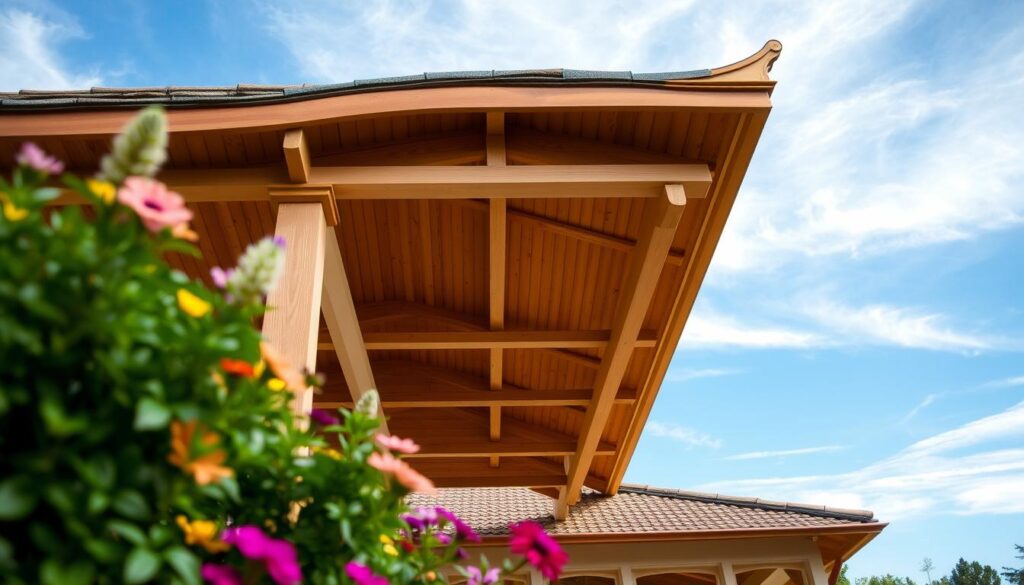 A beautifully crafted gable roof on a garden pavilion, showcasing elegant finishing details like ornate wooden shingles and decorative eaves. In the foreground, a well-maintained garden with colorful flowers and lush greenery enhances the aesthetic appeal. The middle ground features the pavilion with its crisp lines and harmonious proportions, surrounded by soft, natural lighting that accentuates the roof's textures. The background contains a clear blue sky with faint wisps of clouds, creating an inviting atmosphere. The angle captures the roof from a slightly lower perspective to emphasize its grandeur and artistry. The overall mood is serene and inviting, reflecting a perfect blend of nature and architectural beauty. A beautifully crafted gable roof on a garden pavilion, showcasing elegant finishing details like ornate wooden shingles and decorative eaves. In the foreground, a well-maintained garden with colorful flowers and lush greenery enhances the aesthetic appeal. The middle ground features the pavilion with its crisp lines and harmonious proportions, surrounded by soft, natural lighting that accentuates the roof's textures. The background contains a clear blue sky with faint wisps of clouds, creating an inviting atmosphere. The angle captures the roof from a slightly lower perspective to emphasize its grandeur and artistry. The overall mood is serene and inviting, reflecting a perfect blend of nature and architectural beauty.