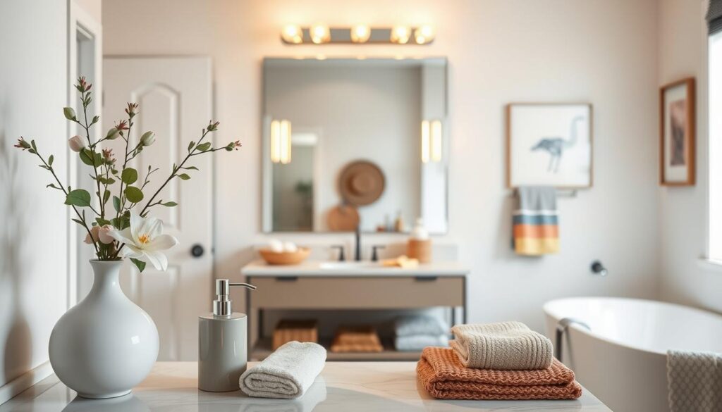 A beautifully decorated bathroom showcasing an elegant transformation. In the foreground, exquisite decorative items such as a stylish ceramic vase with fresh flowers, a sleek soap dispenser, and plush towels in harmonious colors. The middle section features a modern mirror with decorative lighting adding warmth, and soft accessories like a woven basket and colorful bath mats complementing the space. In the background, neutral-colored walls amplify the calm atmosphere, with minimalistic wall art enhancing the aesthetic. The lighting is soft and inviting, simulating natural daylight from a nearby window. The overall mood is serene and refreshing, perfect for illustrating the power of decor in a bathroom makeover.