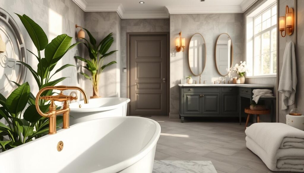 A beautifully designed bathroom interior, featuring a blend of modern and vintage elements. In the foreground, a freestanding soaking tub with elegant gold fixtures, surrounded by lush indoor plants. The middle ground showcases a stylish double sink vanity with marble countertops and chic decorative accents, like candles and small potted plants. The background reveals a large window allowing natural light to stream in, illuminating the soft grey and white color palette. The atmosphere is serene and inviting, with soft, warm lighting that enhances the textures of the tile and the plush bath towels. Capture this from a slightly elevated angle, focusing on the layout and design, showcasing inspiration for various bathroom sizes and styles. A beautifully designed bathroom interior, featuring a blend of modern and vintage elements. In the foreground, a freestanding soaking tub with elegant gold fixtures, surrounded by lush indoor plants. The middle ground showcases a stylish double sink vanity with marble countertops and chic decorative accents, like candles and small potted plants. The background reveals a large window allowing natural light to stream in, illuminating the soft grey and white color palette. The atmosphere is serene and inviting, with soft, warm lighting that enhances the textures of the tile and the plush bath towels. Capture this from a slightly elevated angle, focusing on the layout and design, showcasing inspiration for various bathroom sizes and styles.