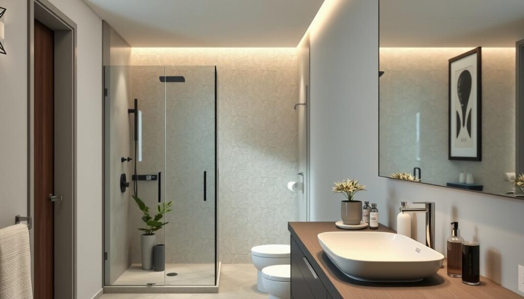 A beautifully designed bathroom interior showcasing elegant decor details that make a difference. In the foreground, display a stylish vanity with a sleek sink, adorned with decorative accessories like a small potted plant, candles, and neatly arranged toiletries. The middle features a contemporary shower area with textured tiles, complemented by a glass door. Soft, indirect lighting enhances the space, casting gentle shadows that emphasize the textures. The background reveals a soothing color palette of soft grays and whites with a large mirror reflecting the tasteful art on the walls. Create a serene atmosphere, evoking a sense of relaxation and tranquility, capturing the essence of a thoughtfully decorated bathroom oasis. Avoid any human figures and ensure the space feels inviting and well-organized. A beautifully designed bathroom interior showcasing elegant decor details that make a difference. In the foreground, display a stylish vanity with a sleek sink, adorned with decorative accessories like a small potted plant, candles, and neatly arranged toiletries. The middle features a contemporary shower area with textured tiles, complemented by a glass door. Soft, indirect lighting enhances the space, casting gentle shadows that emphasize the textures. The background reveals a soothing color palette of soft grays and whites with a large mirror reflecting the tasteful art on the walls. Create a serene atmosphere, evoking a sense of relaxation and tranquility, capturing the essence of a thoughtfully decorated bathroom oasis. Avoid any human figures and ensure the space feels inviting and well-organized.
