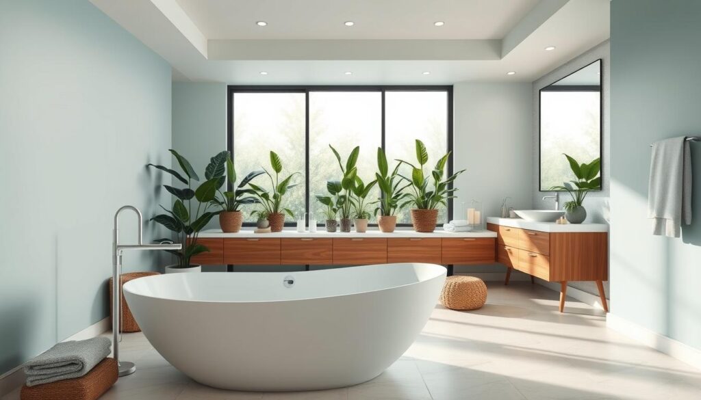 A beautifully designed bathroom showcasing a harmonious color palette, featuring soothing shades of soft blues, gentle greens, and crisp whites. In the foreground, a modern freestanding bathtub with elegant curves, adorned with natural stone accents. The middle ground reveals a stylish vanity with warm wood tones and abundant greenery, including potted plants that add a refreshing touch. The background showcases a large window allowing soft, diffused natural light to flood the space, enhancing the serene atmosphere. The lighting is soft and inviting, creating a calm ambiance. Include subtle decorative elements, such as luxurious towels and chic candles, to add warmth and personal style. The overall mood is tranquil and rejuvenating, perfect for a relaxing retreat.