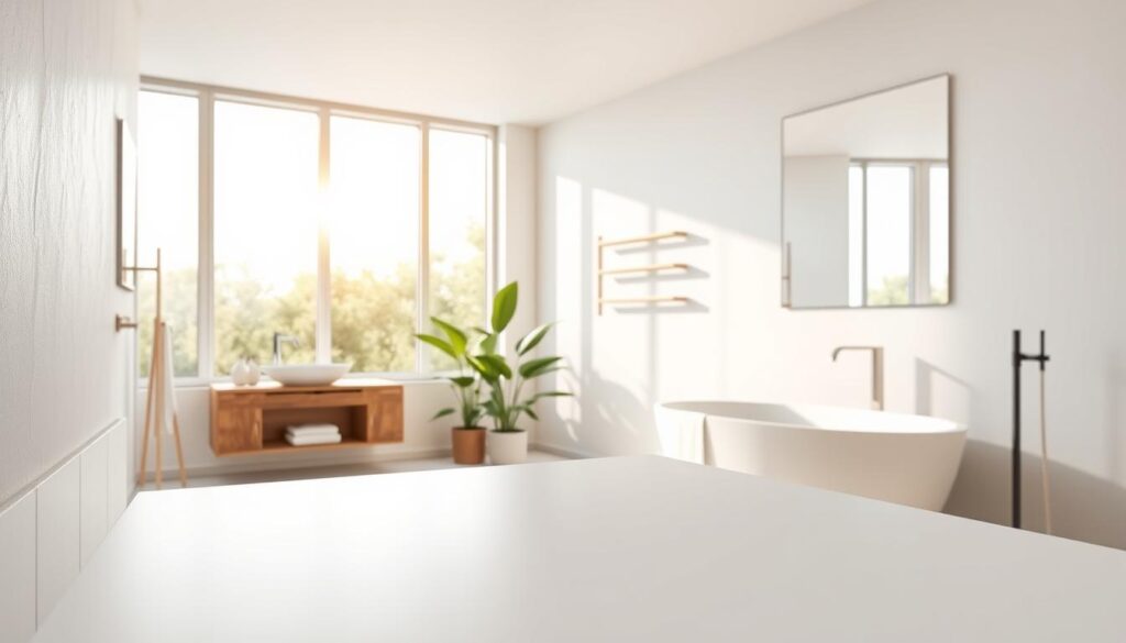 A beautifully designed bathroom showcasing the advantages of gypsum plaster. In the foreground, pristine white gypsum walls feature smooth, even textures catching the soft ambient lighting. The middle ground highlights elegant bathroom fixtures, including a stylish sink and modern bathtub, crafted with high-quality materials. In the background, large windows allow natural light to bathe the space, enhancing the room's spacious feel and highlighting the soft, warm tones of the decor. The scene is enhanced with lush green plants, adding a refreshing touch. The atmosphere is serene and inviting, emphasizing cleanliness and sophistication, ideal for illustrating the benefits of using gypsum plaster in bathroom design. Use a wide-angle lens to capture the entirety of the room, ensuring clarity and vibrancy in the colors.
