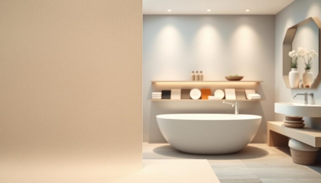 A beautifully designed bathroom showcasing various plaster options for wall finishes. In the foreground, a textured wall sample of cement-lime plaster, its surface showing subtle variations in shade and texture, reminiscent of a sophisticated spa environment. In the middle ground, an elegant display featuring gypsum plaster samples arranged stylishly on a minimalist shelf. The background exhibits a warm, inviting atmosphere with soft natural lighting filtering through a frosted window, highlighting the serene color palette of gentle blues and whites. The overall mood is calm and modern, evoking a sense of tranquility and style, perfect for a bathroom space. The scene captures the essence of choosing the right plaster for a bathroom, focusing on aesthetics and functionality.