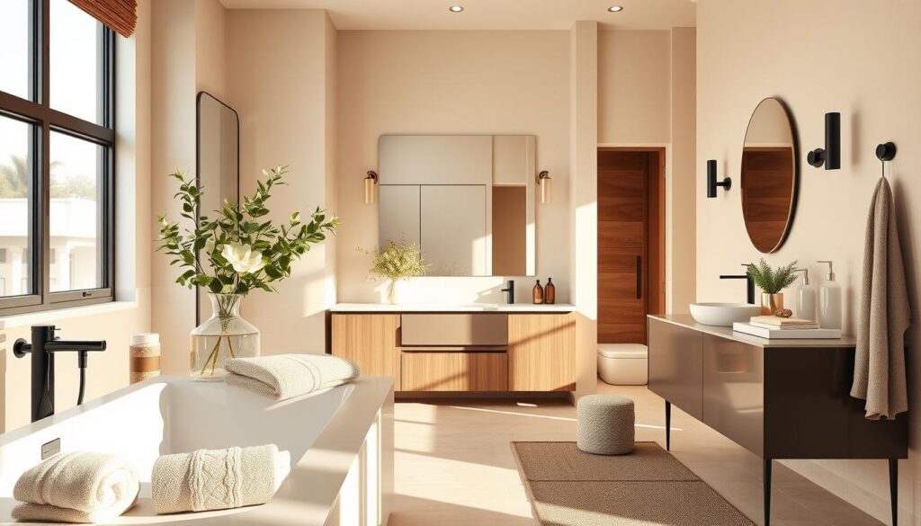 A beautifully designed beige bathroom featuring an elegant color palette that includes soft earth tones, muted pastels, and hints of luxurious gold and deep black accents. In the foreground, showcase stylish bathroom accessories such as plush towels, a decorative vase with fresh greenery, and sleek, modern fixtures. The middle ground reveals a tastefully arranged vanity with a large mirror reflecting soft, warm lighting, enhancing the calming atmosphere. The background includes subtle wooden elements and a tasteful tile design, complementing the beige theme. The scene is bathed in natural light, creating a serene and inviting ambiance, inviting viewers to appreciate the harmony of colors in this sophisticated space. Aim for a bright, clean aesthetic with a focus on design elements that reflect modern elegance and comfort.