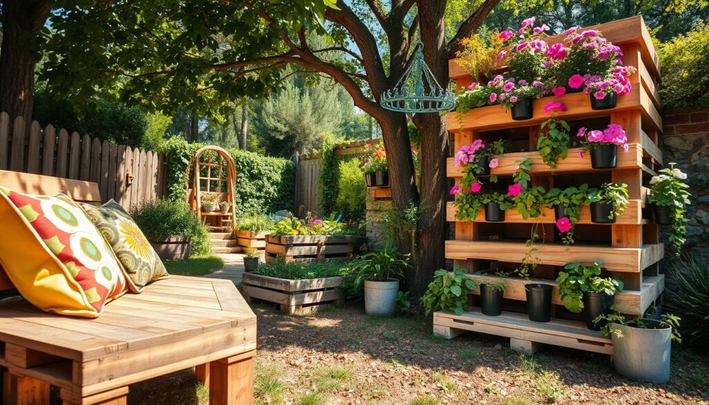 A beautifully designed garden scene featuring creative uses of wooden pallets. In the foreground, highlight a rustic pallet bench adorned with colorful cushions, inviting in a cozy corner. Nearby, a vertical garden made from stacked pallets is flourishing with vibrant flowers and herbs, showcasing innovative gardening techniques. The middle background reveals a quaint garden area with a rustic pallet planter full of fresh vegetables, enhancing the eco-friendly theme. Sunlight filters through leafy trees, creating a warm, inviting atmosphere. The perspective is eye-level, capturing the details of the textures on the pallets and the lush greenery. The overall mood conveys a sense of creativity, sustainability, and a charming outdoor lifestyle. A beautifully designed garden scene featuring creative uses of wooden pallets. In the foreground, highlight a rustic pallet bench adorned with colorful cushions, inviting in a cozy corner. Nearby, a vertical garden made from stacked pallets is flourishing with vibrant flowers and herbs, showcasing innovative gardening techniques. The middle background reveals a quaint garden area with a rustic pallet planter full of fresh vegetables, enhancing the eco-friendly theme. Sunlight filters through leafy trees, creating a warm, inviting atmosphere. The perspective is eye-level, capturing the details of the textures on the pallets and the lush greenery. The overall mood conveys a sense of creativity, sustainability, and a charming outdoor lifestyle.