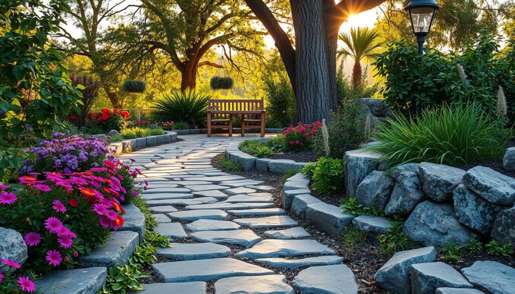 A beautifully designed stone pathway winding through a lush garden, lined with vibrant flowers and greenery. The stones are irregularly shaped, showcasing natural textures and colors. In the foreground, clusters of colorful plants bloom alongside the path, while in the middle, the pathway guides the eye towards a charming seating area with wooden furniture partially visible. The background features tall trees casting dappled sunlight over the scene, enhancing the serene atmosphere. Soft, warm lighting creates a golden hour effect, imbuing the image with a peaceful, inviting mood. The viewpoint is slightly elevated, allowing for a clear view of the path's meandering curves and the surrounding vegetation, evoking a sense of tranquility and harmony with nature.