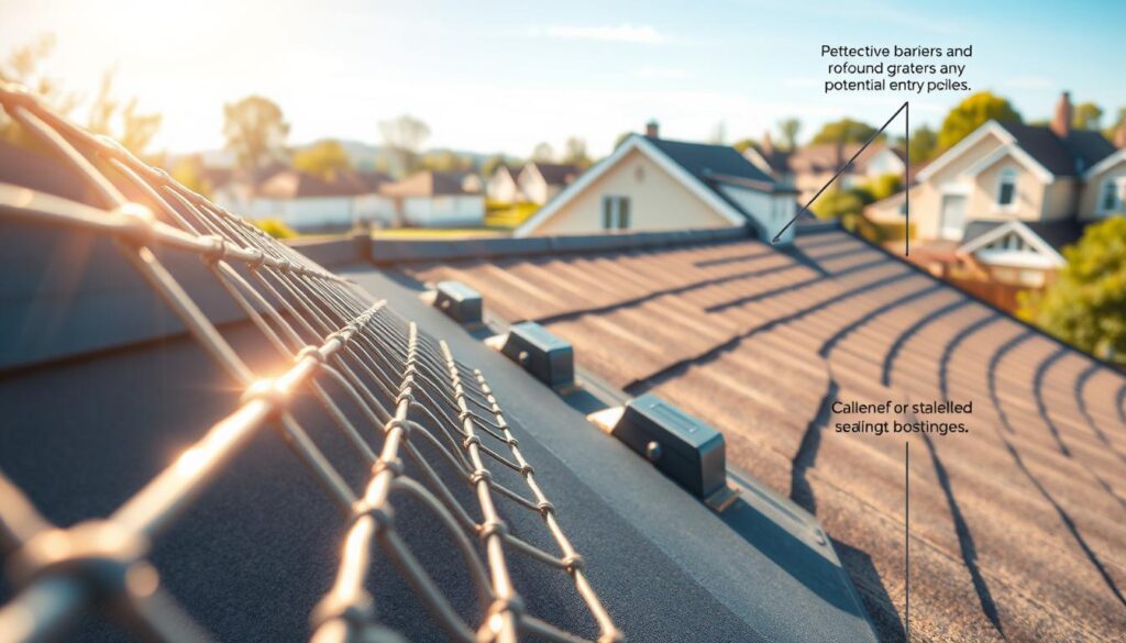 A beautifully detailed illustration of a rooftop designed for protection against martens, showcasing effective barriers like a fine wire mesh and sturdy grates around potential entry points. In the foreground, a close-up view of the protective mesh with sunlight glistening off its surface, emphasizing its strength. In the middle ground, a sloped roof with visible sealing strategies, like caulked edges and reinforced corners, under a clear blue sky. The background showcases a suburban neighborhood, adding context to the scene. Warm and inviting lighting enhances the mood, conveying a sense of security and safety. The overall atmosphere is one of diligence and protection. No text or branding present.