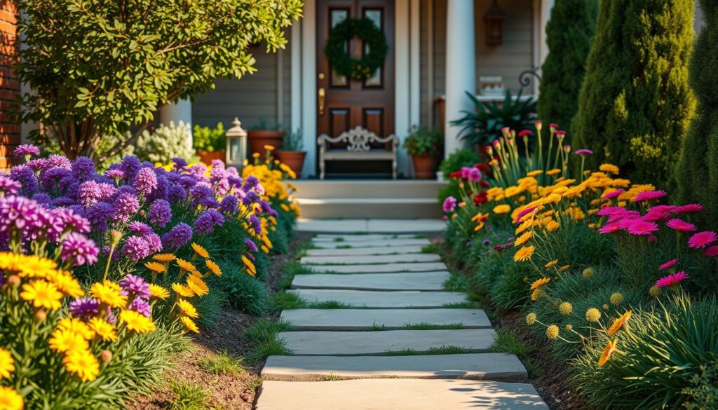 A beautifully landscaped front garden leading to a cozy home entrance. In the foreground, vibrant perennial flowers in various colors, such as purple, yellow, and pink, are neatly arranged alongside a stone pathway. The middle ground features a small decorative bench and a few potted plants, adding a charming touch. In the background, imagine a welcoming porch with a wooden door adorned with greenery. The scene is illuminated by warm, soft sunlight, casting gentle shadows and creating a tranquil atmosphere. Use a slightly elevated angle to capture the depth of the garden leading toward the entrance, evoking a sense of warmth and inviting allure.