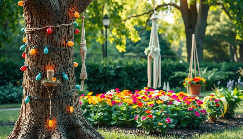 A beautifully landscaped garden featuring a tree trunk adorned with trendy garden decorations. In the foreground, a rustic wooden tree trunk serves as a centerpiece, creatively wrapped with colorful decorative lights, macramé hangings, and vibrant flower pots on either side. The middle ground showcases a lush flower bed with seasonal blooms, harmonizing with the decorations. In the background, soft green foliage and gentle sunlight filtering through the trees create a warm and inviting atmosphere. The image should have a shallow depth of field, capturing the details of the decorations while softly blurring the surrounding greenery. Aim for a serene, joyful mood that highlights the beauty and creativity of garden decoration. A beautifully landscaped garden featuring a tree trunk adorned with trendy garden decorations. In the foreground, a rustic wooden tree trunk serves as a centerpiece, creatively wrapped with colorful decorative lights, macramé hangings, and vibrant flower pots on either side. The middle ground showcases a lush flower bed with seasonal blooms, harmonizing with the decorations. In the background, soft green foliage and gentle sunlight filtering through the trees create a warm and inviting atmosphere. The image should have a shallow depth of field, capturing the details of the decorations while softly blurring the surrounding greenery. Aim for a serene, joyful mood that highlights the beauty and creativity of garden decoration.