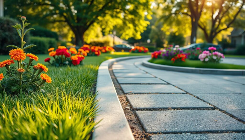 A beautifully landscaped garden featuring aesthetically arranged concrete curbs, harmoniously blending functionality with nature. In the foreground, soft, lush grass borders the curbs, showcasing vibrant flowering plants like marigolds and petunias, adding color and charm. The middle ground displays neatly placed gray concrete curbs creating clear pathways, contrasting with the green foliage. In the background, a soft-focus of leafy trees filters warm sunlight, casting gentle shadows on the curbs. The scene is captured from a slight elevated angle, emphasizing the design and texture of the curbs. The overall atmosphere is serene and inviting, evoking a sense of tranquility and well-planned outdoor living. A beautifully landscaped garden featuring aesthetically arranged concrete curbs, harmoniously blending functionality with nature. In the foreground, soft, lush grass borders the curbs, showcasing vibrant flowering plants like marigolds and petunias, adding color and charm. The middle ground displays neatly placed gray concrete curbs creating clear pathways, contrasting with the green foliage. In the background, a soft-focus of leafy trees filters warm sunlight, casting gentle shadows on the curbs. The scene is captured from a slight elevated angle, emphasizing the design and texture of the curbs. The overall atmosphere is serene and inviting, evoking a sense of tranquility and well-planned outdoor living.