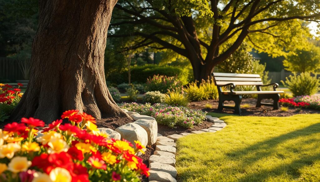 A beautifully landscaped garden featuring decorative edging around a tree trunk, showcasing a variety of materials like stone, wood, and vibrant floral borders. In the foreground, colorful annual flowers and low-maintenance perennial plants create a lush and inviting atmosphere. The middle ground highlights meticulously arranged garden edging, softly illuminated by early morning sunlight creating gentle shadows, while a rustic wooden bench invites contemplation. The background depicts a serene tree canopy filtering sunlight, with dappled light patterns dancing on the ground. The camera angle is slightly elevated, capturing both the intricate edging details and the overall harmonious garden layout. The mood is tranquil and nurturing, evoking a sense of connection with nature, making the garden feel inviting and aesthetically pleasing. A beautifully landscaped garden featuring decorative edging around a tree trunk, showcasing a variety of materials like stone, wood, and vibrant floral borders. In the foreground, colorful annual flowers and low-maintenance perennial plants create a lush and inviting atmosphere. The middle ground highlights meticulously arranged garden edging, softly illuminated by early morning sunlight creating gentle shadows, while a rustic wooden bench invites contemplation. The background depicts a serene tree canopy filtering sunlight, with dappled light patterns dancing on the ground. The camera angle is slightly elevated, capturing both the intricate edging details and the overall harmonious garden layout. The mood is tranquil and nurturing, evoking a sense of connection with nature, making the garden feel inviting and aesthetically pleasing.