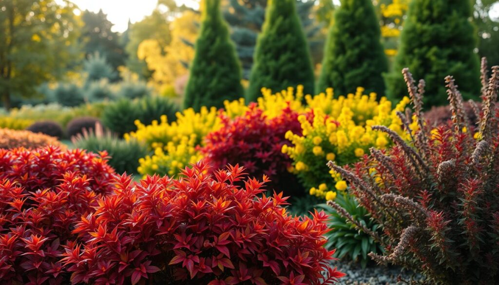 A beautifully landscaped garden featuring various heights of Berberis plants, showcasing a rich tapestry of colors ranging from deep reds to vibrant yellows and greens. In the foreground, clusters of low-growing Berberis with fiery autumn leaves contrast against taller varieties with lush, emerald foliage in the middle ground. The background includes softly blurred trees providing a serene backdrop. The lighting is warm and inviting, reminiscent of a late afternoon sun, casting gentle shadows across the scene. The perspective is slightly elevated, creating depth and allowing the viewer to appreciate the harmonious arrangement of plants. The atmosphere is tranquil and vibrant, perfect for illustrating an ideal garden composition.