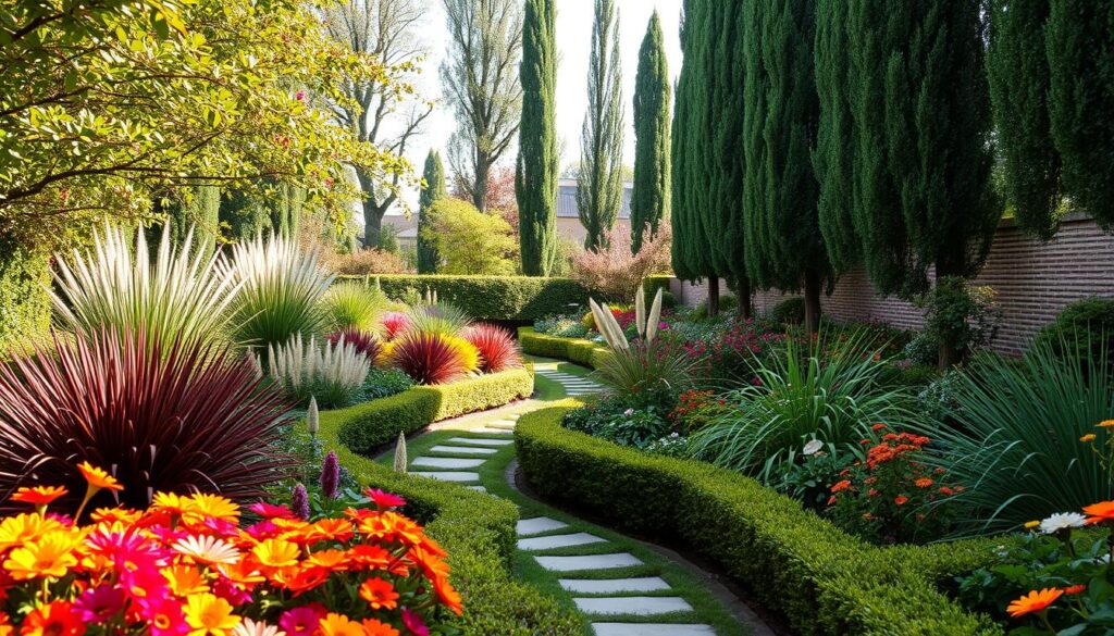 A beautifully landscaped narrow garden designed to appear wider, featuring strategic planting techniques. In the foreground, colorful flower beds with vibrant blooms create a welcoming entrance, while tidy borders made of low hedges provide structure. The middle ground showcases a winding path framed by ornamental grasses and colorful shrubs, encouraging the eye to travel deeper into the garden. In the background, tall, slender trees add vertical interest without overpowering the space, drawing the viewer's gaze upward. Soft, natural lighting filters through the leaves, casting delicate shadows on the ground, enhancing the tranquility of the scene. The atmosphere is serene and inviting, a perfect haven for relaxation and reflection.
