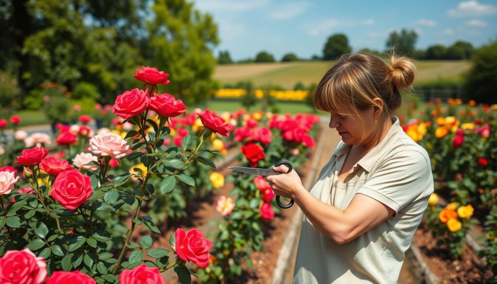 A beautifully maintained rose garden in full bloom, showcasing a variety of vibrant roses in shades of red, pink, and yellow. In the foreground, a gardener in modest casual clothing gently prunes a rose bush, using sharp pruning shears, with focused attention on the plant. The middle ground features neatly arranged rose beds, with lush, green foliage and rich soil, highlighting the care taken in their growth. In the background, a serene garden landscape with a clear blue sky and soft sunlight illuminating the scene, creating a warm and inviting atmosphere. The overall mood is tranquil and serene, evoking a sense of passion for gardening and nurturing plants. Capture this scene with a soft focus and a slight depth of field to emphasize the gardener's action. A beautifully maintained rose garden in full bloom, showcasing a variety of vibrant roses in shades of red, pink, and yellow. In the foreground, a gardener in modest casual clothing gently prunes a rose bush, using sharp pruning shears, with focused attention on the plant. The middle ground features neatly arranged rose beds, with lush, green foliage and rich soil, highlighting the care taken in their growth. In the background, a serene garden landscape with a clear blue sky and soft sunlight illuminating the scene, creating a warm and inviting atmosphere. The overall mood is tranquil and serene, evoking a sense of passion for gardening and nurturing plants. Capture this scene with a soft focus and a slight depth of field to emphasize the gardener's action.
