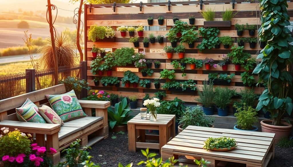 A beautifully organized garden space showcasing the innovative use of wooden pallets. In the foreground, a cozy corner features pallet furniture, including a rustic bench adorned with colorful cushions and a small table made from upcycled pallets. Surrounding this seating area, a variety of vibrant flowers and green plants create a lush atmosphere. In the middle ground, a vertical garden made from pallets displays a range of herbs and small plants, cleverly arranged for easy access. The background features a soft, sunlit landscape with a gentle hint of trees and shrubs, suggesting a tranquil outdoor setting. The lighting is warm and inviting, illuminating the scene with a late afternoon glow, enhancing the mood of creativity and sustainability in garden design. A beautifully organized garden space showcasing the innovative use of wooden pallets. In the foreground, a cozy corner features pallet furniture, including a rustic bench adorned with colorful cushions and a small table made from upcycled pallets. Surrounding this seating area, a variety of vibrant flowers and green plants create a lush atmosphere. In the middle ground, a vertical garden made from pallets displays a range of herbs and small plants, cleverly arranged for easy access. The background features a soft, sunlit landscape with a gentle hint of trees and shrubs, suggesting a tranquil outdoor setting. The lighting is warm and inviting, illuminating the scene with a late afternoon glow, enhancing the mood of creativity and sustainability in garden design.