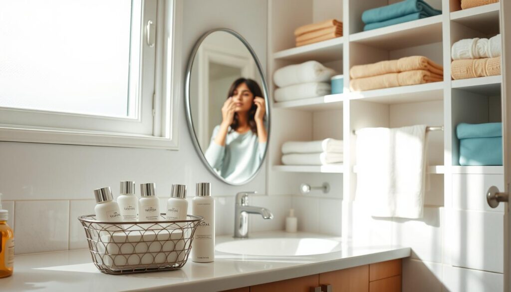 A beautifully organized small bathroom scene that emphasizes the importance of space management. In the foreground, display neatly arranged skincare products in elegant, labeled baskets on a countertop. In the middle, feature a stylish mirror with a subtle reflection of a person, dressed in modest casual clothing, applying cream thoughtfully. The background showcases well-organized shelves with color-coordinated towels and storage containers, creating a sense of clarity and tranquility. Soft, natural lighting filters through a frosted window, casting gentle shadows that evoke a calm atmosphere. The overall mood is inviting and serene, highlighting the benefits of maintaining space organization for improved daily routines. A beautifully organized small bathroom scene that emphasizes the importance of space management. In the foreground, display neatly arranged skincare products in elegant, labeled baskets on a countertop. In the middle, feature a stylish mirror with a subtle reflection of a person, dressed in modest casual clothing, applying cream thoughtfully. The background showcases well-organized shelves with color-coordinated towels and storage containers, creating a sense of clarity and tranquility. Soft, natural lighting filters through a frosted window, casting gentle shadows that evoke a calm atmosphere. The overall mood is inviting and serene, highlighting the benefits of maintaining space organization for improved daily routines.