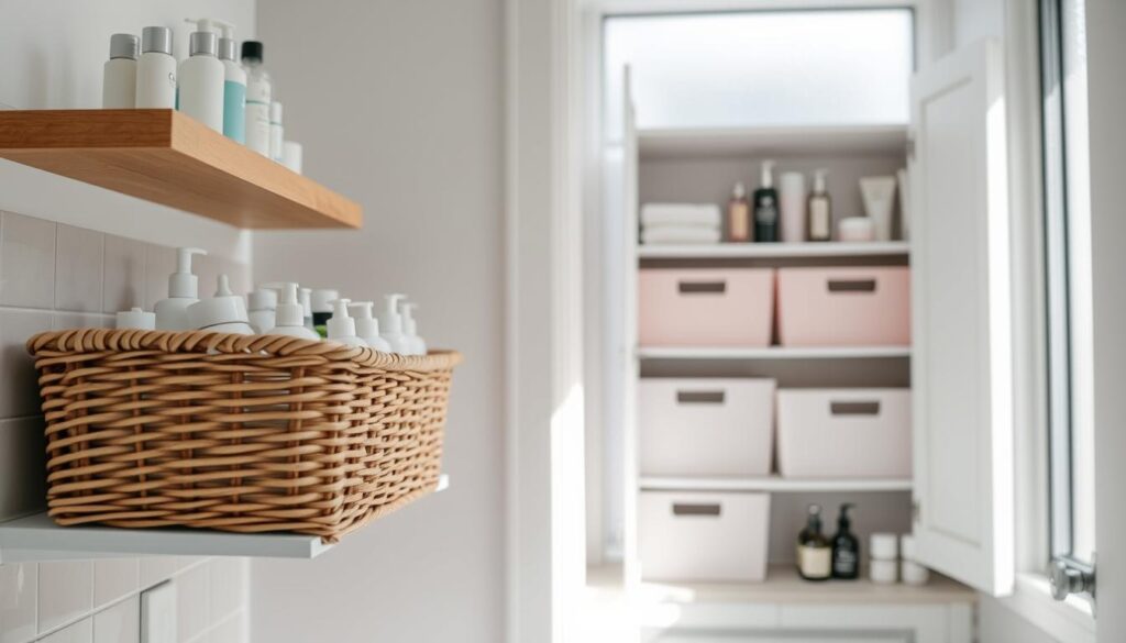 A beautifully organized small bathroom with practical storage baskets and organizers. In the foreground, a stylish wicker basket filled with various skincare products, neatly arranged on a floating shelf. The middle layer features a set of elegant plastic bins in soft pastel colors, compactly placed in an open cabinet, showcasing an array of cosmetics and toiletries. In the background, soft natural light streams through a frosted window, illuminating the clean, minimalist design of the bathroom. The overall mood is calming and tidy, with a focus on efficient organization, highlighting the harmony between practicality and aesthetics. Shot from a slight angle to capture depth, with a soft focus on the background. No human figures present. A beautifully organized small bathroom with practical storage baskets and organizers. In the foreground, a stylish wicker basket filled with various skincare products, neatly arranged on a floating shelf. The middle layer features a set of elegant plastic bins in soft pastel colors, compactly placed in an open cabinet, showcasing an array of cosmetics and toiletries. In the background, soft natural light streams through a frosted window, illuminating the clean, minimalist design of the bathroom. The overall mood is calming and tidy, with a focus on efficient organization, highlighting the harmony between practicality and aesthetics. Shot from a slight angle to capture depth, with a soft focus on the background. No human figures present.