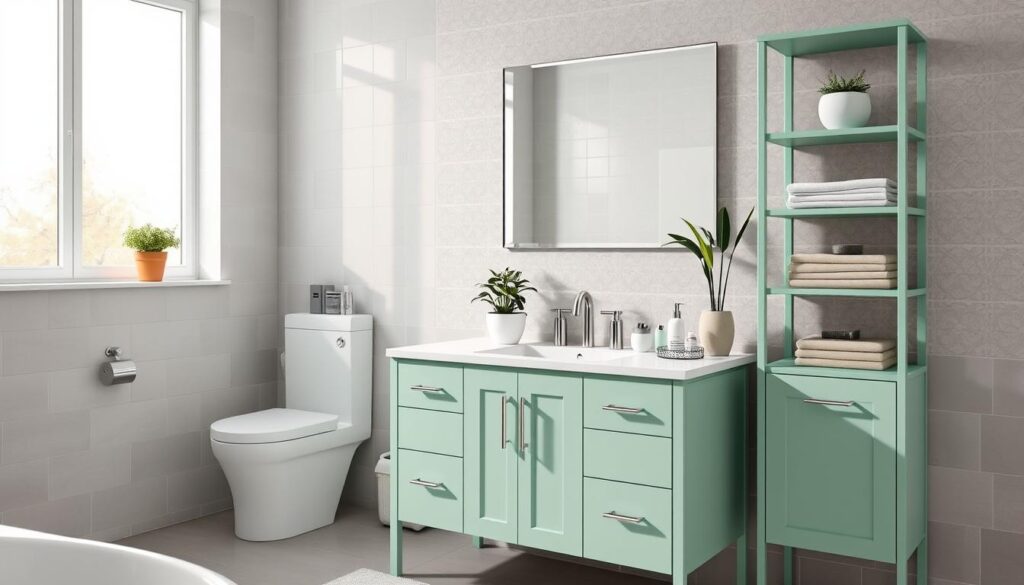 A beautifully refreshed bathroom furniture setup, showcasing a modern vanity and shelving unit with a fresh coat of pastel mint green paint. The foreground features the vanity with a sleek white countertop, adorned with neatly arranged toiletries and a decorative plant. The middle ground includes a stylish mirror reflecting soft natural light streaming through a frosted window, enhancing the serene ambiance. The background has a calm atmosphere with light gray tiled walls and a subtle patterned wallpaper, creating a harmonious blend of colors. Position the scene slightly angled to convey depth, captured with a warm light filter to evoke a sense of cleanliness and tranquility, perfect for illustrating a home improvement idea focused on bathroom furniture revitalization.