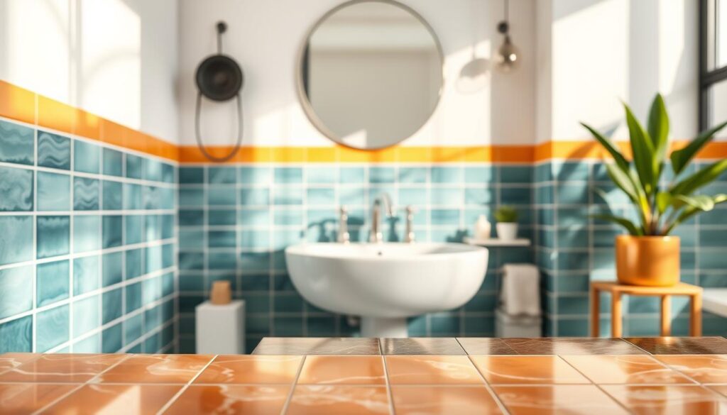 A beautifully renovated bathroom featuring durable, painted tiles. In the foreground, focus on a set of vibrant, glossy tiles showcasing their durable finish, highlighting the texture and color depth. In the middle ground, a clean, modern sink with elegant fixtures complements the tiled wall, while soft, natural lighting casts gentle shadows, emphasizing the intricacies of the tile surface. In the background, subtle decorative elements like potted plants and stylish accessories maintain a fresh ambiance. The overall mood is bright and inviting, showcasing the tiles' resilience and appealing aesthetics in a well-maintained environment. The image is captured with a slight angle to create depth, ensuring a clear view of the durable painted tiles without any distractions or text overlays. A beautifully renovated bathroom featuring durable, painted tiles. In the foreground, focus on a set of vibrant, glossy tiles showcasing their durable finish, highlighting the texture and color depth. In the middle ground, a clean, modern sink with elegant fixtures complements the tiled wall, while soft, natural lighting casts gentle shadows, emphasizing the intricacies of the tile surface. In the background, subtle decorative elements like potted plants and stylish accessories maintain a fresh ambiance. The overall mood is bright and inviting, showcasing the tiles' resilience and appealing aesthetics in a well-maintained environment. The image is captured with a slight angle to create depth, ensuring a clear view of the durable painted tiles without any distractions or text overlays.