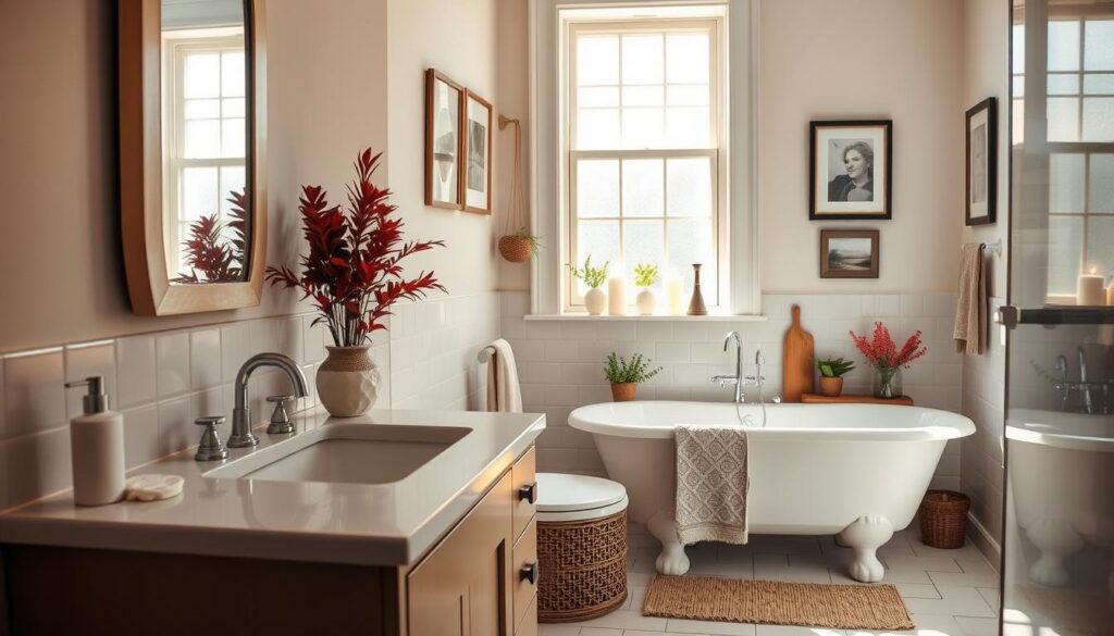 A beautifully revitalized old bathroom without major renovations, featuring fresh, modern updates. In the foreground, a stylish new vanity with a sleek sink and minimalist accessories. The middle ground presents a rejuvenated bathtub adorned with chic, colorful plants and decorative candles, complemented by a tasteful mirror reflecting soft, ambient lighting. The background shows subtly painted walls in light, airy tones with decorative accents like framed artwork and trendy bath textiles. The scene is illuminated with warm, natural light filtering through a frosted window, creating an inviting and serene atmosphere. The overall mood is fresh and invigorating, showcasing creative ideas for updating an old bathroom without any demolition. No people are present.