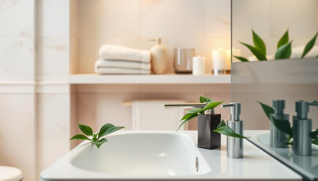 A beautifully styled bathroom scene featuring elegant accessories that embody minimalism. In the foreground, showcase a sleek, modern sink adorned with lush green plant accents and a minimalistic soap dispenser. In the middle ground, a neatly organized shelf holds soft, neutral-colored towels and chic decorative items, like a ceramic vase and a glass candle holder, accentuating the concept of order. The background reveals subtle tile patterns and soft lighting that enhances the calm atmosphere, using warm tones to create an inviting yet clean space. Capture the serene mood from a slightly elevated angle, emphasizing the harmony between style and practicality in luxury bathroom decor. No text or signatures present. A beautifully styled bathroom scene featuring elegant accessories that embody minimalism. In the foreground, showcase a sleek, modern sink adorned with lush green plant accents and a minimalistic soap dispenser. In the middle ground, a neatly organized shelf holds soft, neutral-colored towels and chic decorative items, like a ceramic vase and a glass candle holder, accentuating the concept of order. The background reveals subtle tile patterns and soft lighting that enhances the calm atmosphere, using warm tones to create an inviting yet clean space. Capture the serene mood from a slightly elevated angle, emphasizing the harmony between style and practicality in luxury bathroom decor. No text or signatures present.