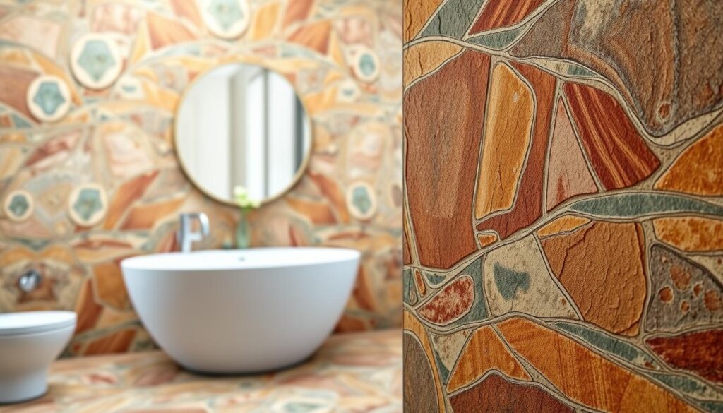 A beautifully textured bathroom wall showcasing structural paints, highlighting intricate patterns and rich, vibrant colors that mimic natural stones or artistic designs. The foreground features close-up details of the paint’s texture, showing brush strokes and layered effects, while the middle ground presents a well-lit bathroom setting with elegant fixtures and subtle decorations. In the background, soft ambient lighting creates a warm atmosphere, enhancing the visual appeal of the painted surfaces. The composition should evoke a sense of sophistication and style, inviting viewers to appreciate innovative wall finishing options. Capture this scene from a slight angle to emphasize depth and perspective, ensuring the overall mood is uplifting and modern, suitable for a contemporary bathroom aesthetic. A beautifully textured bathroom wall showcasing structural paints, highlighting intricate patterns and rich, vibrant colors that mimic natural stones or artistic designs. The foreground features close-up details of the paint’s texture, showing brush strokes and layered effects, while the middle ground presents a well-lit bathroom setting with elegant fixtures and subtle decorations. In the background, soft ambient lighting creates a warm atmosphere, enhancing the visual appeal of the painted surfaces. The composition should evoke a sense of sophistication and style, inviting viewers to appreciate innovative wall finishing options. Capture this scene from a slight angle to emphasize depth and perspective, ensuring the overall mood is uplifting and modern, suitable for a contemporary bathroom aesthetic.