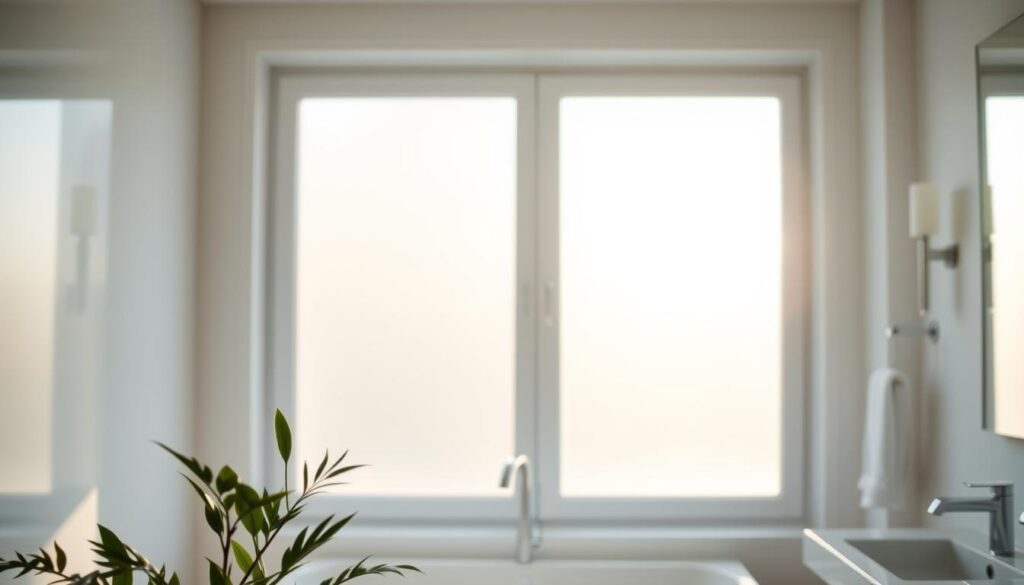 A bright and inviting bathroom interior featuring a large window covered with frosted window film. In the foreground, a small potted plant adds a touch of greenery, while in the middle ground, the soft light filters through the translucent film, creating a warm and serene atmosphere. The frosted film subtly blurs the view outside, enhancing privacy while allowing natural light to illuminate the room. The background showcases elegant bathroom fixtures, emphasizing a clean and modern design. The lens captures the scene with a slightly blurred background, drawing focus on the window treatment. The overall mood is tranquil and refreshing, suitable for a relaxing bathroom environment, highlighting the beauty and functionality of window films. A bright and inviting bathroom interior featuring a large window covered with frosted window film. In the foreground, a small potted plant adds a touch of greenery, while in the middle ground, the soft light filters through the translucent film, creating a warm and serene atmosphere. The frosted film subtly blurs the view outside, enhancing privacy while allowing natural light to illuminate the room. The background showcases elegant bathroom fixtures, emphasizing a clean and modern design. The lens captures the scene with a slightly blurred background, drawing focus on the window treatment. The overall mood is tranquil and refreshing, suitable for a relaxing bathroom environment, highlighting the beauty and functionality of window films.