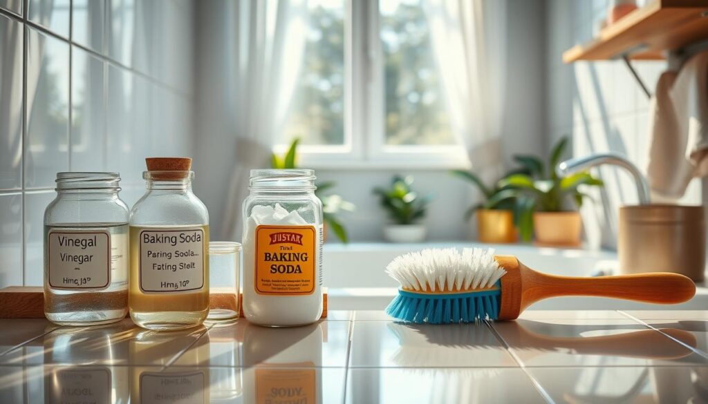 A bright and inviting bathroom scene featuring a variety of homemade cleaning solutions for tiles. In the foreground, a wooden shelf displays glass jars filled with natural cleaning ingredients like vinegar, baking soda, and essential oils, alongside a friendly, colorfully designed scrub brush. The middle ground shows glossy ceramic tiles reflecting soft, natural light filtering through a window adorned with light curtains. In the background, potted plants add a touch of greenery, creating a fresh atmosphere. The overall mood is clean, cheerful, and welcoming, emphasizing sustainability and DIY methods. The image is captured with a warm color palette and a slight depth of field to focus on the cleaning tools.
