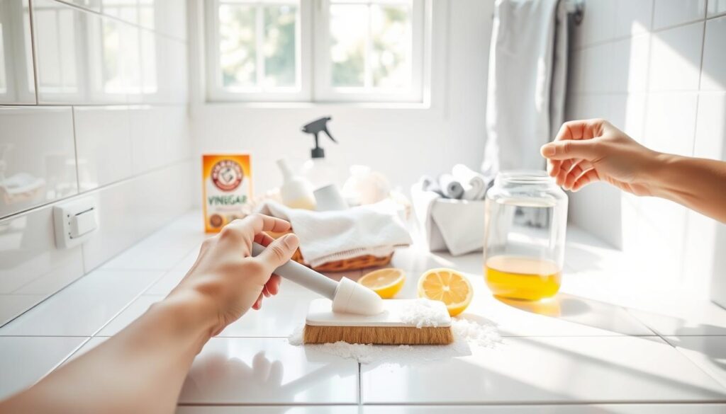 A bright, sunny bathroom scene with clean, freshly scrubbed grout lines in between glossy white tiles. In the foreground, a pair of hands gently scrubbing the grout with a homemade cleaning solution using a soft brush, surrounded by natural cleaning ingredients like baking soda, vinegar, and lemon slices. In the middle, a basket of cleaning tools is neatly arranged, showcasing eco-friendly products such as reusable cloths and a spray bottle. In the background, a well-lit window allows soft natural light to illuminate the space, creating an inviting atmosphere. The overall mood is cheerful and motivating, encouraging readers to embrace eco-friendly cleaning methods for a bright and fresh bathroom.