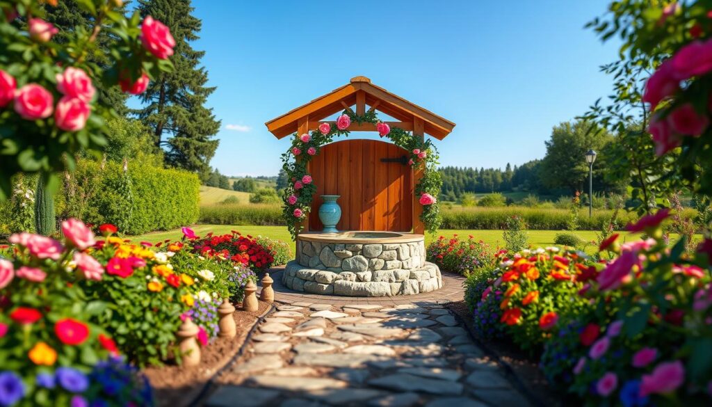 A charming garden scene featuring a beautifully designed well surrounded by vibrant flowers and lush greenery. In the foreground, showcase the well with tasteful wooden cladding, adorned with climbing roses and decorative stones. The middle ground should contain a serene garden path leading to the well, lined with colorful plants and small garden ornaments. In the background, add a peaceful landscape with trees under a clear blue sky, creating a tranquil atmosphere. Soft, natural lighting enhances the colors of the flowers, and a slight lens blur emphasizes the well as the focal point. Capture the essence of a harmonious outdoor space, perfect for illustration of a well in a garden setting.