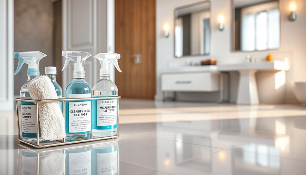 A clean, modern bathroom scene showcasing various effective tile cleaning agents. In the foreground, a stylish, organized cleaning caddy filled with clear spray bottles, microfiber cloths, and brushes, all labeled for specific tile types. The middle ground features glistening glazed tiles and matte porcelain tiles, highlighting their shine and texture under soft, warm lighting. The background reveals a well-lit bathroom with an elegant sink and mirrors reflecting the immaculate tiles, creating a sense of spaciousness. Use a close-up angle to emphasize the cleaning products and their application on the tiles. The overall mood is fresh, inviting, and meticulous, geared towards cleanliness and care in maintaining tile surfaces.
