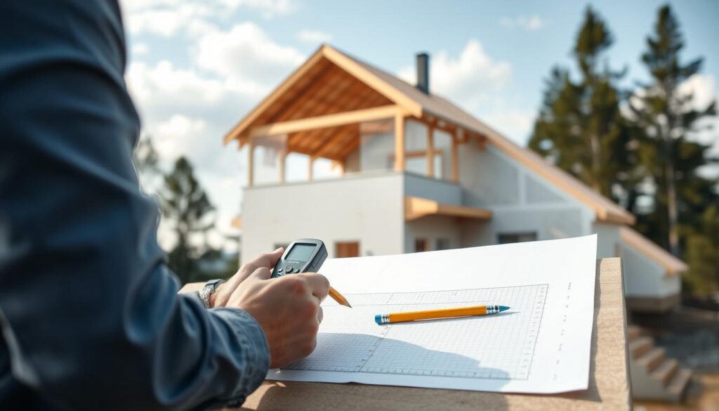 A clear and informative scene showcasing the calculation of roof pitch. In the foreground, a professional architect in smart casual clothing uses a tilt meter and a pencil on graph paper to measure the angle of a sloped roof. The architect is focused and engaged in their work, giving a sense of expertise. In the middle background, a partially constructed house with a visible roof structure highlights the angle of the pitch, emphasizing the concept of roof slope. The background displays a serene outdoor setting with trees and light clouds, creating a calm atmosphere. Soft, natural lighting illuminates the scene, enhancing the details of the tools and the architectural features. The composition retains a clean, professional aesthetic, suitable for an educational article.