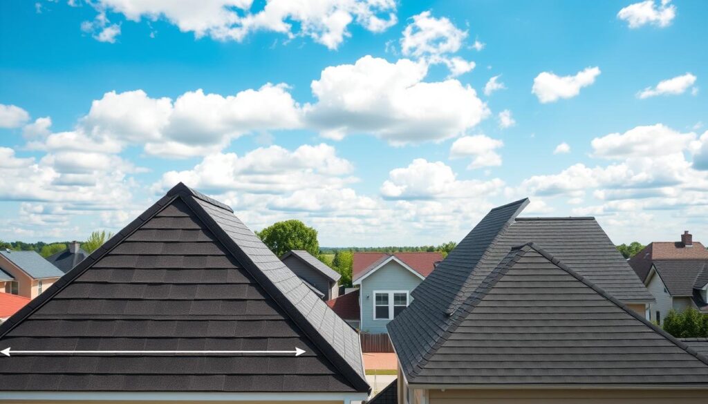 A clear comparison of roof angles: in the foreground, a well-structured single-pitched roof showcasing a steep incline, with accurate dimension indicators for angle measurement. In the mid-ground, a traditional gable roof with a gradual slope, demonstrating the contrast in angle with its two sides rising symmetrically to a peak. The background features a serene suburban landscape with houses that display a variety of roof types under a vibrant blue sky scattered with fluffy white clouds. Soft, natural lighting enhances the scene, casting gentle shadows that highlight the roof structures. The overall atmosphere is informative and educational, inviting the viewer to explore the differences in roof slope. The perspective is slightly elevated to effectively capture the angle dynamics between the two roof styles.