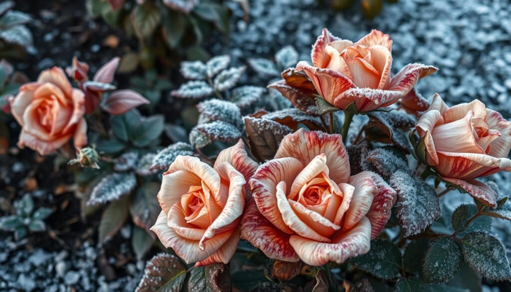 A close-up of frost-damaged rose bushes, focusing on discolored leaves and wilted petals in various shades of brown and gray. Some leaves show signs of crisping and curling due to frostbite, while others are partially translucent. The background consists of a garden setting, with frost-covered soil and scattered ice crystals glistening in soft morning light. The atmosphere conveys a sense of fragility and resilience, highlighting the harsh impact of winter on these delicate plants. The lighting is soft and diffuse, mimicking early dawn or late afternoon, and capturing the cold ambiance of a wintry garden. A shallow depth of field enhances the details of the damaged roses while softly blurring the background, drawing the viewer's focus to the affected parts.