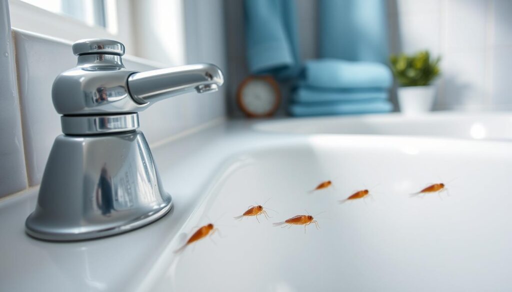 A close-up view of a bathroom corner showcasing several silverfish (rybiki) scuttling on a clean, tiled surface. The foreground features a shiny bathroom faucet with water droplets glistening under bright, natural light streaming from a nearby window. In the middle ground, focus on the silverfish, their elongated bodies and delicate antennae highlighted against the light-colored tiles. The background includes soft blue hues of bathroom decor, like towels and a small potted plant, creating a serene and clean atmosphere. The scene captures a crisp, well-lit environment that evokes a sense of curiosity and cleanliness, illustrating the presence of silverfish in bathrooms. The overall mood is informative and engaging, ideal for understanding their existence.
