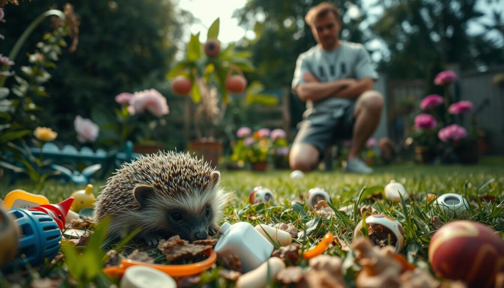 A close-up view of a distressing scene in a garden, showcasing the negative consequences of purchasing a hedgehog. In the foreground, a sad hedgehog is curled up, looking uneasy and out of place among ornamental plants. Surrounding it are discarded items like plastic toys and food remnants, suggesting neglect. In the middle ground, a person in casual clothing observes the hedgehog with a frown, reflecting concern and regret about the decision to buy one. In the background, a beautiful but chaotic garden setting contrasts with the hedgehog's discomfort. Soft, diffused sunlight filters through the trees, creating a melancholic atmosphere. The focus is sharp on the hedgehog, capturing its facial expression, while the background is slightly blurred to emphasize the subject’s emotional state. A close-up view of a distressing scene in a garden, showcasing the negative consequences of purchasing a hedgehog. In the foreground, a sad hedgehog is curled up, looking uneasy and out of place among ornamental plants. Surrounding it are discarded items like plastic toys and food remnants, suggesting neglect. In the middle ground, a person in casual clothing observes the hedgehog with a frown, reflecting concern and regret about the decision to buy one. In the background, a beautiful but chaotic garden setting contrasts with the hedgehog's discomfort. Soft, diffused sunlight filters through the trees, creating a melancholic atmosphere. The focus is sharp on the hedgehog, capturing its facial expression, while the background is slightly blurred to emphasize the subject’s emotional state.